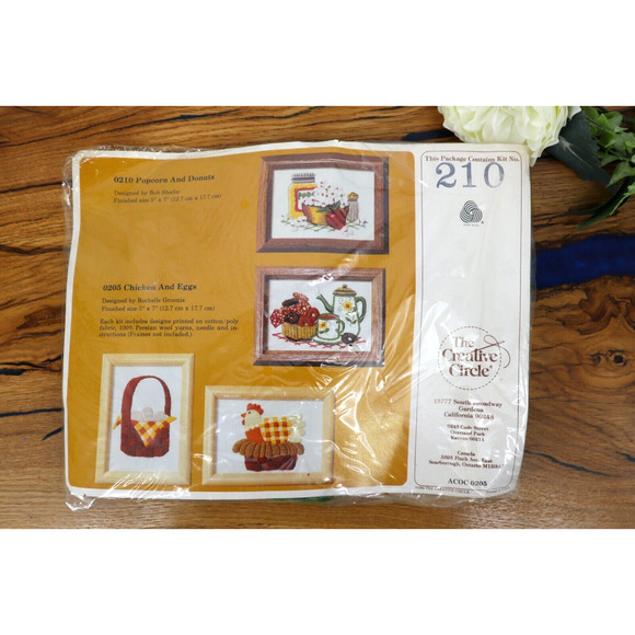 Vintage 1982 The Creative Circle Crewel Kit Needlework Popcorn and Donuts 0210 - Picture 1 of 4